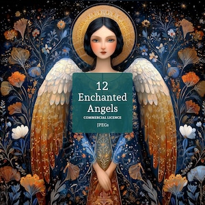 Könnte beinhalten: Illustration eines Engels mit großen, detaillierten Flügeln und einem goldenen Heiligenschein. Der Engel ist von einem dunkelblauen Hintergrund mit floralen Elementen umgeben. Das Bild enthält den Text "12 Enchanted Angels", "Commercial Licence" und "JPEGs".