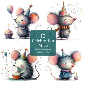 Lindos ratones de cumpleaños, 12 imágenes PNG/JPG de alta calidad, imágenes de animales de fiesta, tarjetas, manualidades digitales/en papel, fantasía. USO COMERCIAL / BR0425