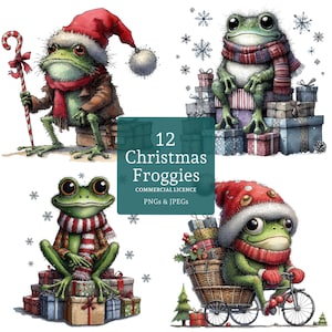Weihnachten Frosch Clipart, 12 hochwertige PNGs / JPGs, süße festliche Frösche, lustige Winter Tierkunst, Urlaub Basteln KOMMERZIELLE NUTZUNG | AR1010-1