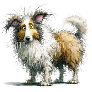 May include: Watercolor illustration of a shaggy dog with a surprised expression. The dog has a mix of brown, white, and black fur, with large, yellow eyes and a fluffy tail. The text "Red Heron Lighthouse" is visible.