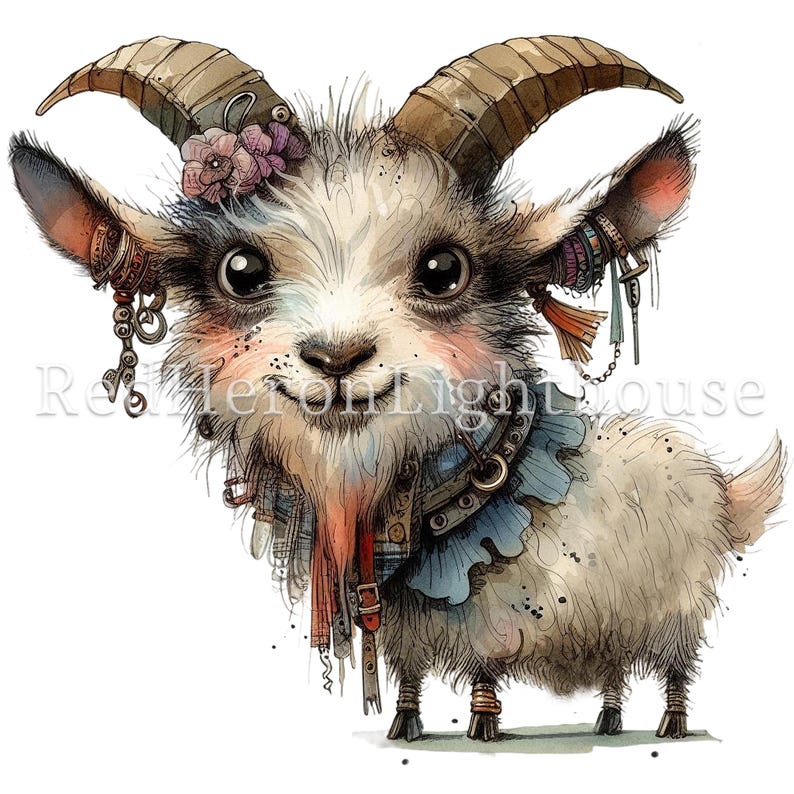 May include: A watercolor illustration of a cute, white goat with brown horns. The goat is wearing a blue and brown collar with a variety of colorful accessories, including a flower crown, a chain, and a tassel.