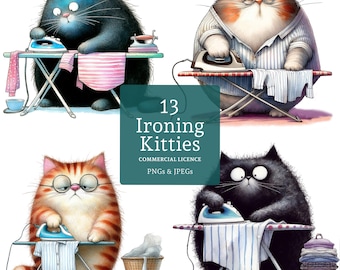 Gracioso gato planchando, 13 PNG/JPG de alta calidad. Imágenes de gatos peculiares, tarjetas, manualidades digitales/en papel, caprichosas. USO COMERCIAL / BR0415