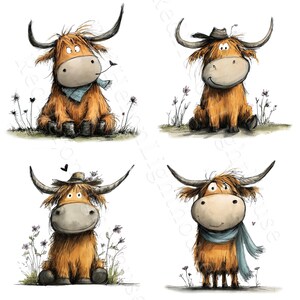 May include: Four cartoon illustrations of Highland cows in various poses. Each cow has shaggy orange fur, large horns, and a light-colored face. Some wear hats or scarves, and are surrounded by simple floral elements.