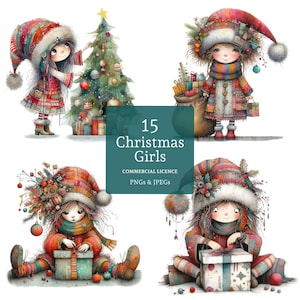 Clipart di una ragazza di Natale stravagante con regali, 15 immagini PNG/JPG acquerellate di alta qualità, creazione di biglietti, diario di scarto, USO COMMERCIALE / BR0624