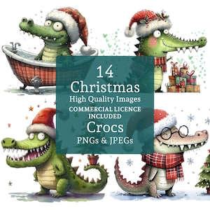 Clipart di coccodrilli festivi 14 PNG/JPG, divertenti alligatori natalizi, immagini di animali invernali bizzarri per lavoretti stagionali USO COMMERCIALE / AR0816