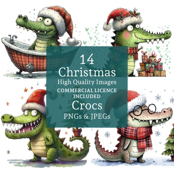 Festive Crocodile Clipart 14 PNGs/JPGs, Funny Christmas Alligators, Quirky Winter Animal Images for Seasonal Crafts COMMERCIAL USE | AR0816