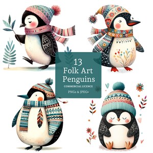 Pingüino de arte popular Clipart 13 PNG/JPG de alta calidad, lindos pingüinos de invierno, creación de tarjetas, diario, descarga digital USO COMERCIAL / BR0217