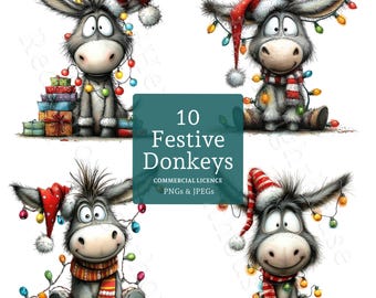 Peut inclure: Quatre ânes de dessin animé portant des bonnets et des écharpes de Père Noël, ornés de guirlandes lumineuses. Un âne est assis près de cadeaux emballés. L'image comprend le texte "10 Festive Donkeys" et "Commercial Licence PNGs & JPEGs".