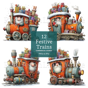Puede incluir: Cuatro ilustraciones de trenes festivos. Cada tren es naranja y azul, con Papá Noel al volante y cargado de regalos envueltos. La imagen incluye el texto "12 Festive Trains" y "Commercial Licence PNGs & JPGs".