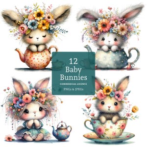 Clipart babykonijn, 12 hoge kwaliteit png-/jpg-bestanden, bloemenkonijntje en theepot, schattige dierenafbeeldingen, papierkunst, journaling COMMERCIEEL GEBRUIK | BR0228-1