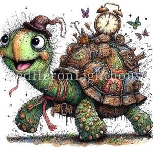 May include: A whimsical illustration of a green turtle wearing a hat and carrying a clock, a bottle, and other objects on its back. The turtle is walking on a path with green grass and brown dirt.