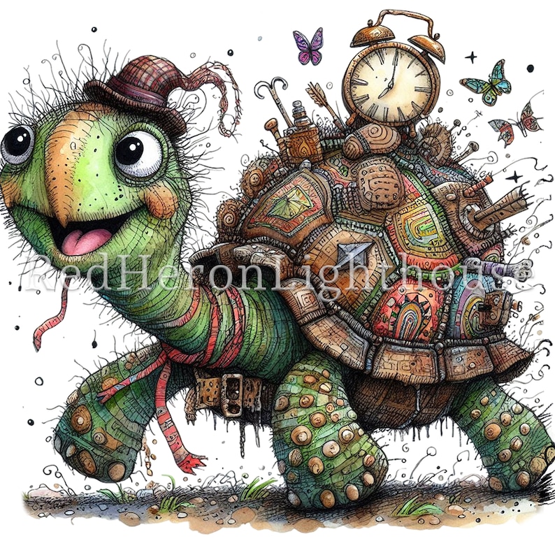 May include: A whimsical illustration of a green turtle wearing a hat and carrying a clock, a bottle, and other objects on its back. The turtle is walking on a path with green grass and brown dirt.