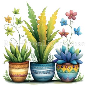 May include: Three potted plants with colorful patterned pots. The plant on the left has green leaves and yellow flowers. The middle plant has green and yellow leaves. The plant on the right has blue leaves and a yellow, green, and blue pot.
