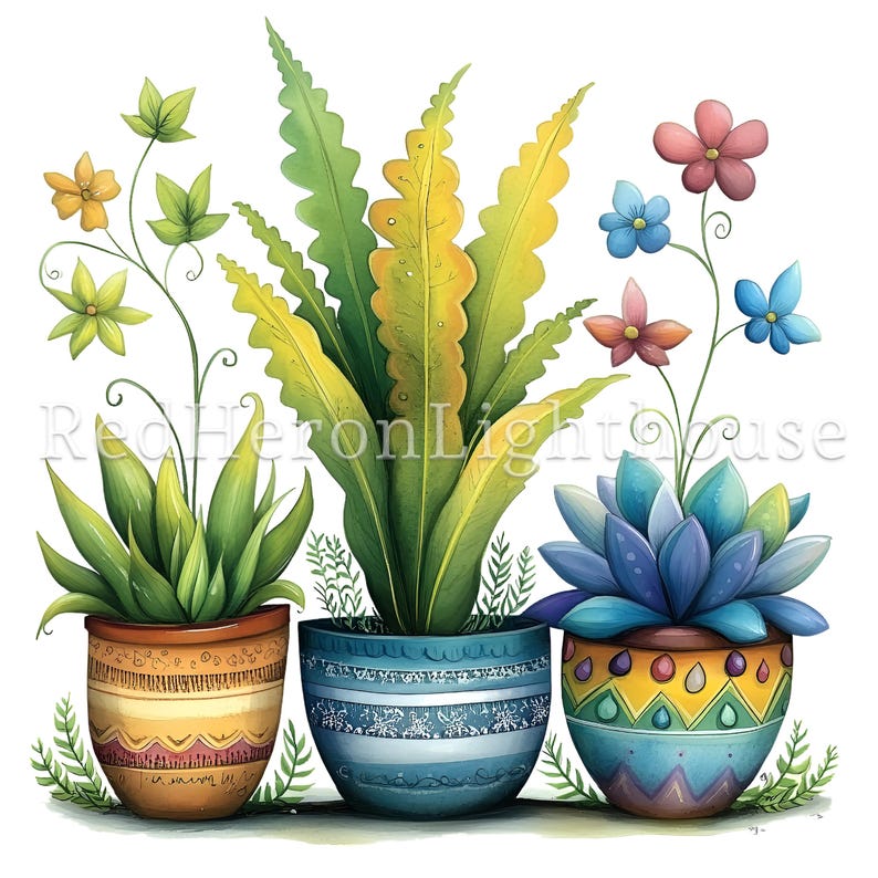 May include: Three potted plants with colorful patterned pots. The plant on the left has green leaves and yellow flowers. The middle plant has green and yellow leaves. The plant on the right has blue leaves and a yellow, green, and blue pot.