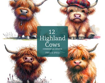 Clipart di una mucca delle Highlands tenera, 12 immagini PNG/JPG acquerellate di alta qualità, divertenti animali da fattoria, creazione di biglietti, diario, artigianato cartaceo/digitale / AR0529-1