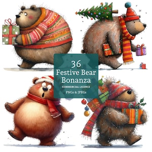 Clipart festif d'ours, 36 fichiers PNG/JPG, drôles d'ours de Noël, animal d'hiver original, travaux manuels de vacances UTILISATION COMMERCIALE Téléchargement numérique | AR0924-1