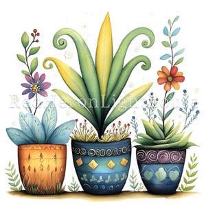 May include: Three potted plants with colorful flowers and leaves. The pots are decorated with geometric patterns in blue, orange, and purple.