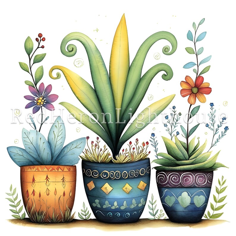 May include: Three potted plants with colorful flowers and leaves. The pots are decorated with geometric patterns in blue, orange, and purple.