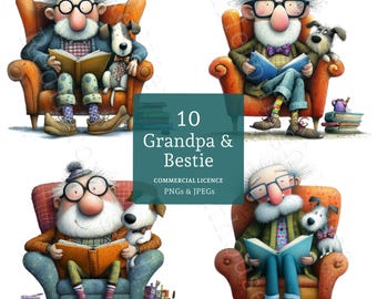 May include: Digital illustration featuring four images of a cartoon grandpa reading a book in an armchair with his dog. The images are in a square format with the text "10 Grandpa & Bestie" and "Commercial Licence PNGs & JPEGs".