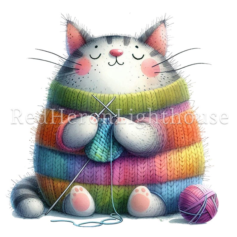 May include: A watercolour illustration of a chubby cat knitting. The cat wears a striped, multi-coloured jumper and has pink cheeks and paws. A ball of pink yarn sits beside the cat, and knitting needles are in its paws.