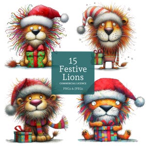 Clipart Lion de Noël, 15 fichiers PNG/JPG haute qualité, Aquarelle animaux fantaisistes, Créations papier/numérique, Fabrication de cartes, UTILISATION COMMERCIALE | BR0610