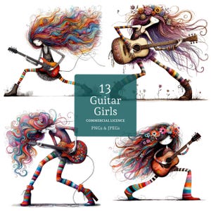 Hippy Guitar Girl Clipart, 13 hoge kwaliteit PNG's/JPG's, eigenzinnige mensen Graphics, Fantasy Journaling, Digitaal en papier, COMMERCIEEL GEBRUIK | BR0205-1