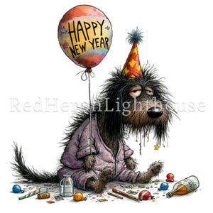 Pu&ograve; includere: Illustrazione di un cane dei cartoni animati in pigiama e cappello da festa, che sembra stanco dopo una festa. Il cane tiene in mano un palloncino con la scritta "Happy New Year". Articoli per feste e una bottiglia di alcol sono sparsi.