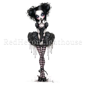 Pode incluir: Ilustra&ccedil;&atilde;o de uma boneca g&oacute;tica com cabelo preto em coques, vestindo um espartilho preto, um tutu com babados e meias listradas. A boneca tem pele p&aacute;lida e maquiagem escura nos olhos. A imagem inclui o texto "Red Heron Lighthouse".