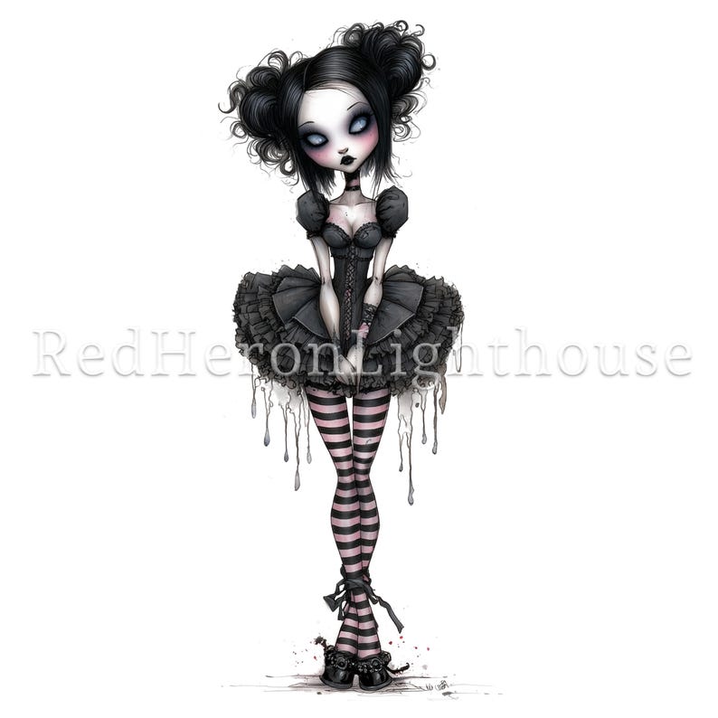 Pode incluir: Ilustra&ccedil;&atilde;o de uma boneca g&oacute;tica com cabelo preto em coques, vestindo um espartilho preto, um tutu com babados e meias listradas. A boneca tem pele p&aacute;lida e maquiagem escura nos olhos. A imagem inclui o texto "Red Heron Lighthouse".