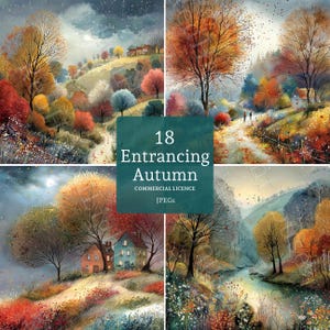 Puede incluir: Una colección de cuatro pinturas a la acuarela que representan paisajes otoñales. Cada escena presenta árboles coloridos, colinas onduladas y casas. El texto "18 Entrancing Autumn" se superpone a las imágenes, junto con "Commercial Licence" y "JPEGs".