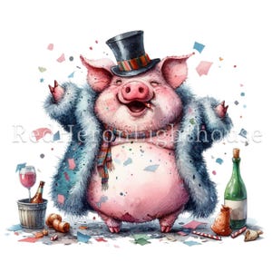 Puede incluir: Un cerdo rosa con un abrigo de piel azul y un sombrero de copa negro con una banda roja y blanca. El cerdo sonr&iacute;e y levanta los brazos. Hay confeti y otras decoraciones de fiesta esparcidas alrededor del cerdo.