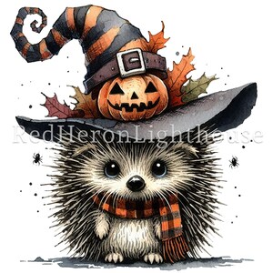 May include: A cute hedgehog wearing a witch's hat with a jack-o'-lantern on top. The hat is black with orange and black stripes and a brown buckle. The hedgehog is brown and has a red and black plaid scarf.