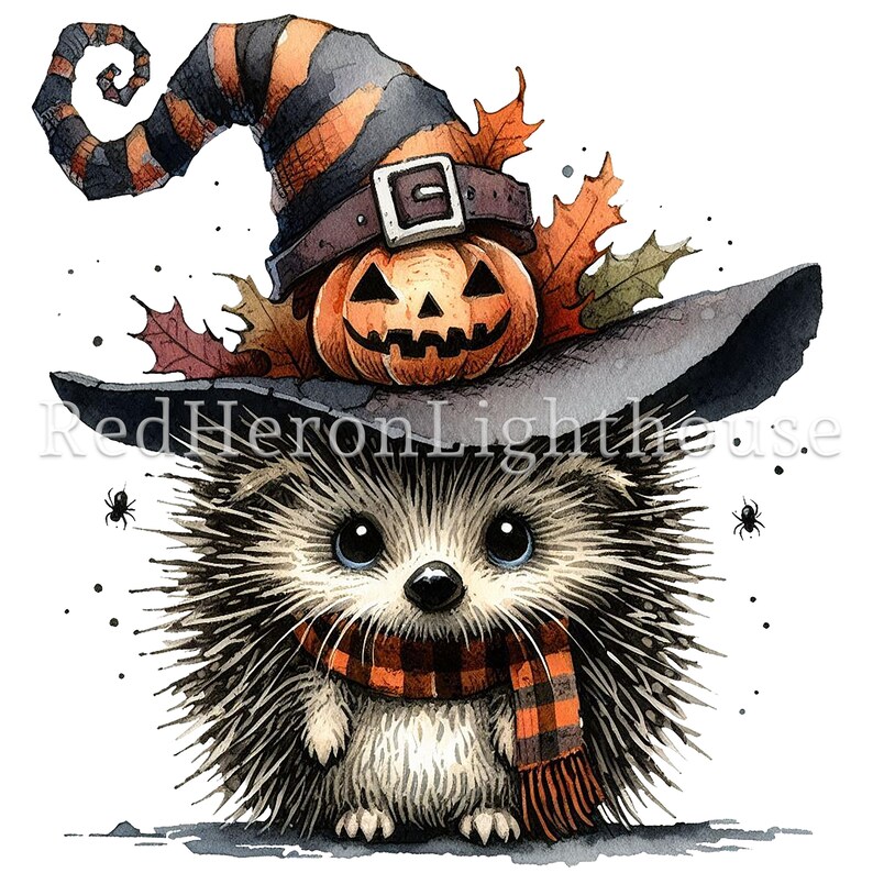 May include: A cute hedgehog wearing a witch's hat with a jack-o'-lantern on top. The hat is black with orange and black stripes and a brown buckle. The hedgehog is brown and has a red and black plaid scarf.