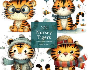 Cute Tiger Clipart, 22 Watercolour Baby Jungle Animal PNGs/JPGs, Kids & Nursery Craft Card Making COMMERCIAL USE Digital Download | AR0624