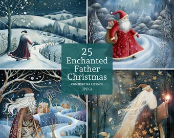 May include: A set of four digital illustrations featuring Father Christmas in a winter wonderland. Each image depicts a different scene with Father Christmas walking through a snowy forest, carrying a bag of gifts, and holding a lantern. The illustrations are in a whimsical style with a blue and green color palette.