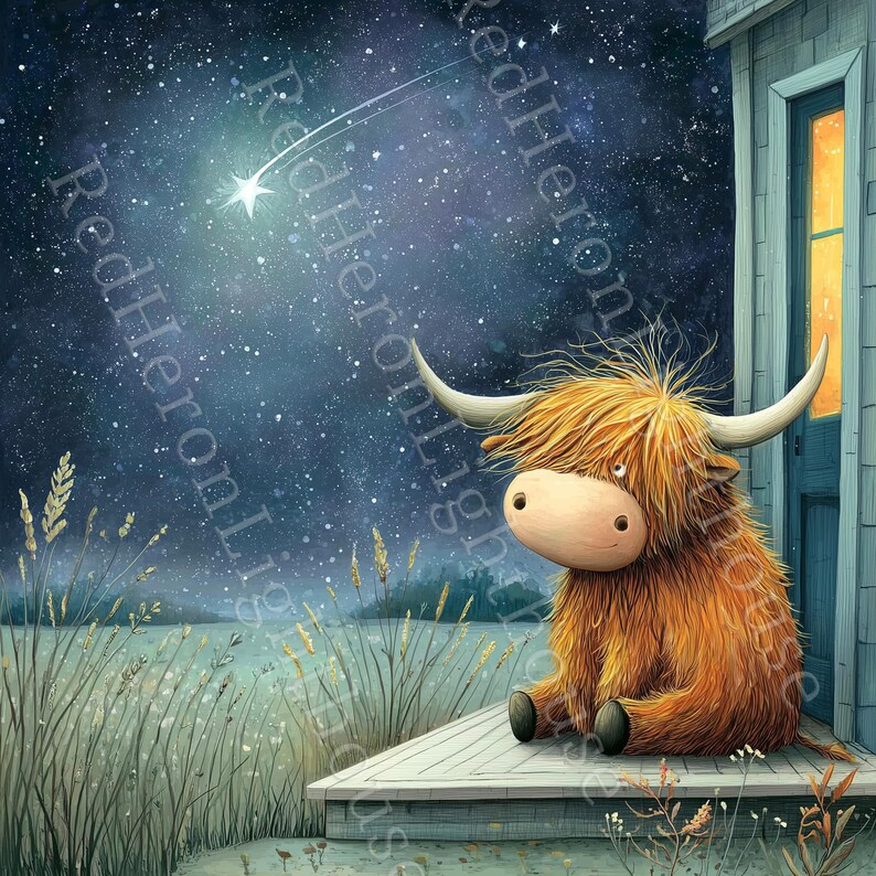 May include: An illustration of a Highland cow sitting on a porch under a starry night sky. The cow has long, shaggy orange fur, large horns, and a light brown face. The background features a shooting star and a house with a blue door.