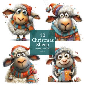以下が含まれることがあります： クリスマスのために着飾った4匹の漫画の羊のデジタルイラスト。各羊は、お祝いの色で帽子とスカーフを着用しています。画像には「10 Christmas Sheep」と「Commercial Licence PNGs」のテキストが含まれています。