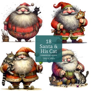 Santa & His Cat Clipart, High Quality Designs 18 PNGs/JPGs, Festive Animal, Pet Cat Art, Whimsical Christmas Art, COMMERCIAL USE | AR1022-1