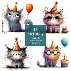Quirky Birthday Cat Clipart 15 High Quality PNGs/JPGs, Whimsical Cat Images, Party Decor, Card Making, Paper/Digital COMMERCIAL USE | BR0314