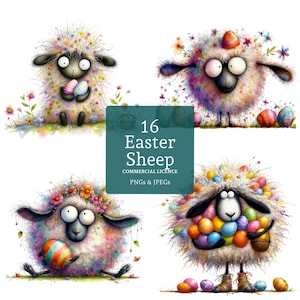 Funny Easter Sheep Clipart, 16 High Quality PNGs/JPGs, Quirky Spring Sheep Images, Caricature Farm Animal Clipart, COMMERCIAL USE | BR0120-2
