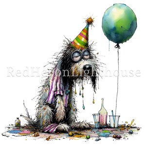 Pu&ograve; includere: Un'illustrazione stravagante di un cane con un cappello da festa e un pigiama, che sembra esausto. Il cane &egrave; circondato da detriti di festa, tra cui un palloncino verde, bevande versate e schizzi di vernice colorati. L'opera d'arte ha uno stile acquerello.