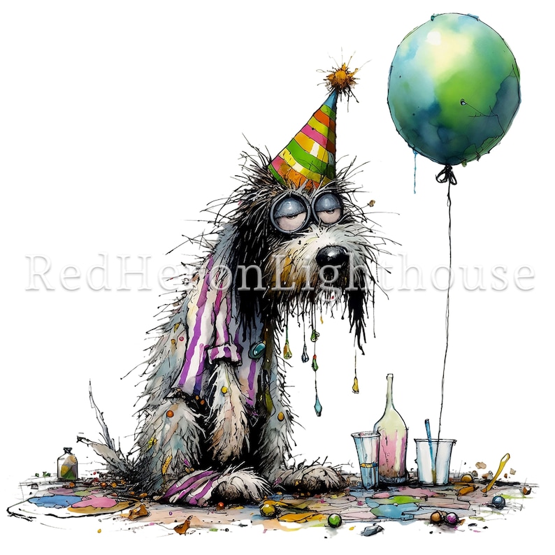 Pu&ograve; includere: Un'illustrazione stravagante di un cane con un cappello da festa e un pigiama, che sembra esausto. Il cane &egrave; circondato da detriti di festa, tra cui un palloncino verde, bevande versate e schizzi di vernice colorati. L'opera d'arte ha uno stile acquerello.