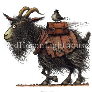 May include: A black goat with long, shaggy fur is carrying a brown leather suitcase and a small bird wearing a top hat on its back. The goat is walking on a dirt path.