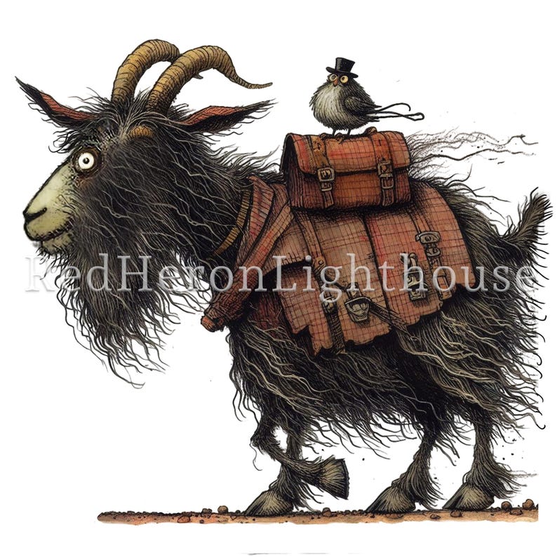 May include: A black goat with long, shaggy fur is carrying a brown leather suitcase and a small bird wearing a top hat on its back. The goat is walking on a dirt path.