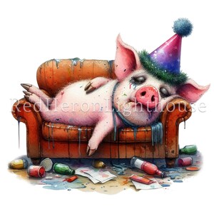 Puede incluir: Un cerdo rosa con un gorro de fiesta est&aacute; inconsciente en un sof&aacute; naranja. El sof&aacute; est&aacute; cubierto de salpicaduras de pintura y hay latas y botellas vac&iacute;as esparcidas por el suelo alrededor del sof&aacute;.
