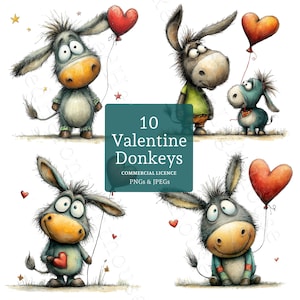 Puede incluir: Ilustraciones de burros de dibujos animados, cada uno con un globo rojo en forma de corazón. Los burros están en varias poses, con un cuadrado verde azulado en el centro que dice "10 Valentine Donkeys" y "Commercial Licence PNGs & JPEGs."