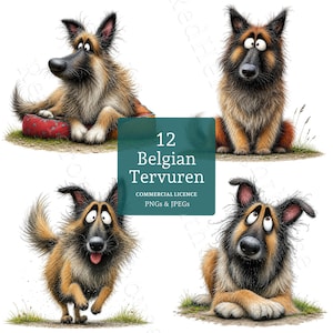 Puede incluir: Cuatro ilustraciones de perros pastor belga Tervuren con pelaje largo marrón y negro, ojos grandes y rostros expresivos. Un cuadrado central color verde azulado contiene el texto blanco: 12 Belgian Tervuren COMMERCIAL LICENCE PNGs & JPEGs.