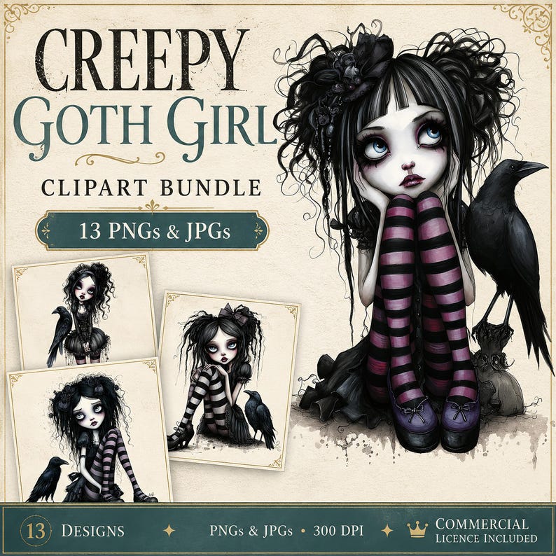 Pode incluir: Pacote de clipart digital com uma ilustra&ccedil;&atilde;o de uma garota g&oacute;tica com um corvo. A imagem principal mostra uma garota de pele clara com cabelo preto, meias listradas e um vestido preto. O texto diz "Creepy Goth Girl Clipart Bundle" com 13 PNGs e JPGs.