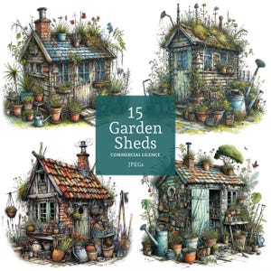Clipart d'abris de jardin original, 15 fichiers JPG, journalisation indésirable, fabrication de cartes, images de jardinage fantaisistes, utilisation commerciale téléchargement numérique | AR0521-2