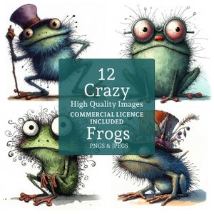 Crazy Frog Clipart, 12 hochwertige PNGs und JPGs, lustige Frosch-Designs, Skurrile Kröten, Papiermodelle, KOMMERZIELLE NUTZUNG, digitaler Download | AR0517-1